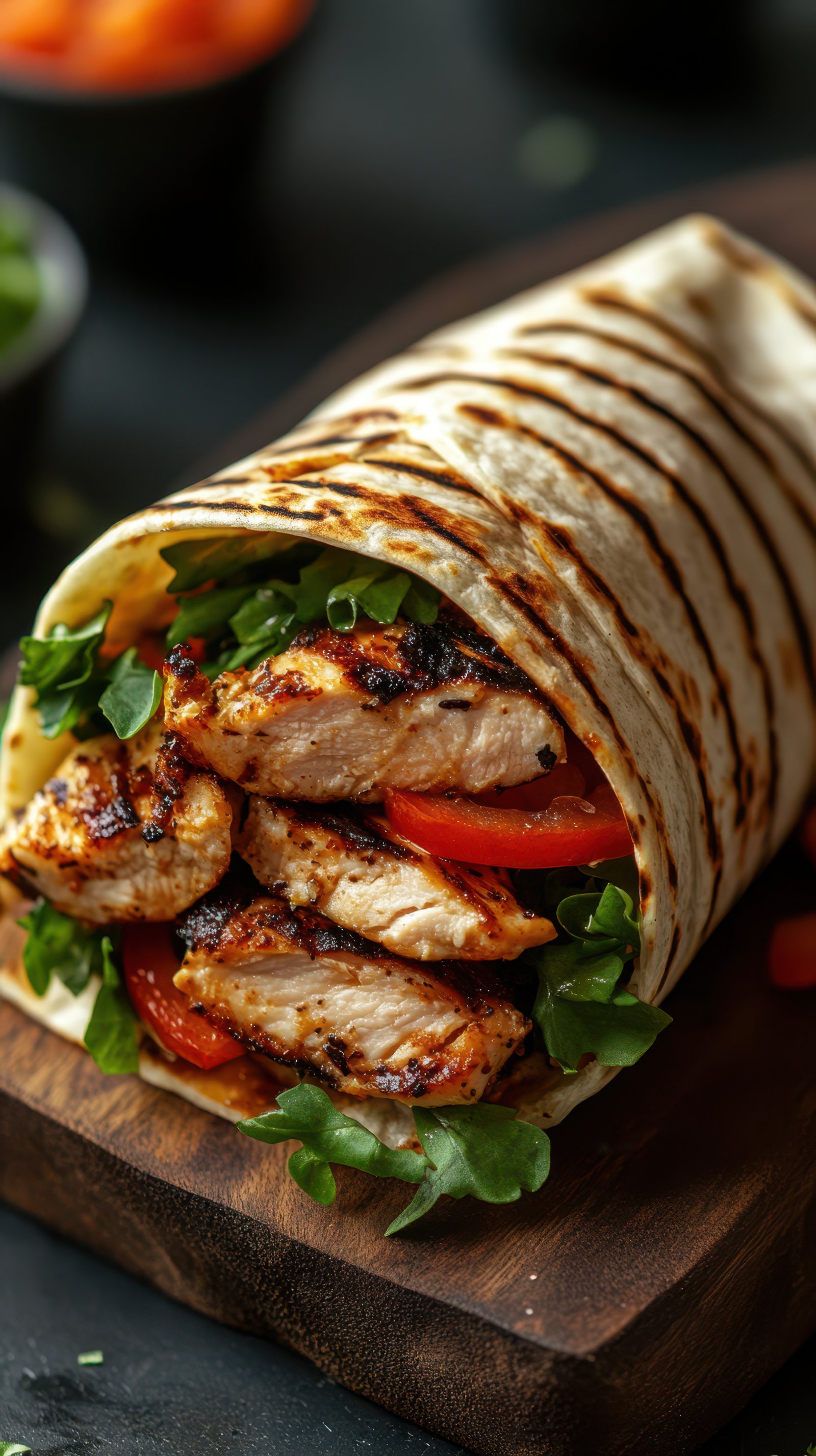 Delicious grilled chicken wrap with fresh vegetables served on wooden board
